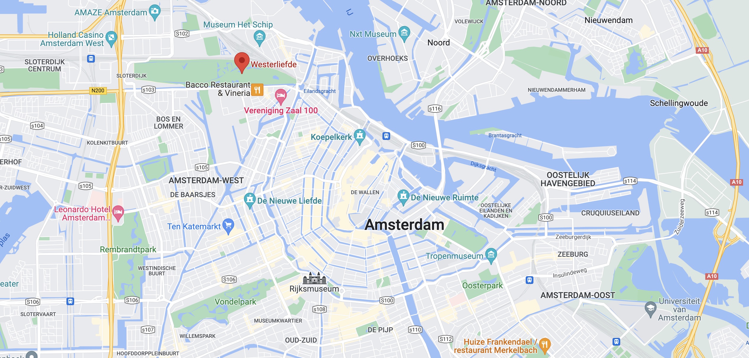 Kaart van Amsterdam met een Pin op de locatie Westerliefde in het Wersterpark